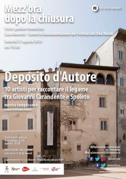 <!--:it-->Mezz'ora dopo la chiusura - "Deposito d'Autore" - 10 artisti per raccontare il legame tra Giovanni Carandente e Spoleto<!--:--><!--:en-->Mezz'ora dopo la chiusura - "Deposito d'Autore" - 10 artists to recall the relationship between Giovanni Carandente and Spoleto<!--:--> @ Casa Menotti  | Umbria | Italia