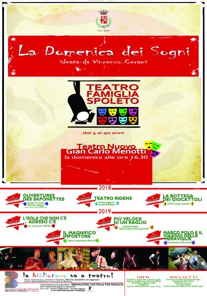 <!--:it-->LA DOMENICA DEI SOGNI – Teatro Famiglia: OUVERTURES DES SAPONETTES<!--:--><!--:en-->LA DOMENICA DEI SOGNI – Family Theatre: OUVERTURES DES SAPONETTES<!--:--> @ Teatro Nuovo Gian Carlo Menotti | Spoleto | Umbria | Italia
