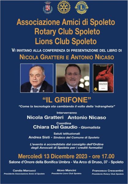 <!--:it-->Presentazione libro "IL GRIFONE – Come la tecnologia sta cambiando il volto della ‘ndrangheta" di Nicola Gratteri e Antonio Nicaso<!--:--> @ Salone d’Onore della Bonifica Umbria – via Arco di Druso 37